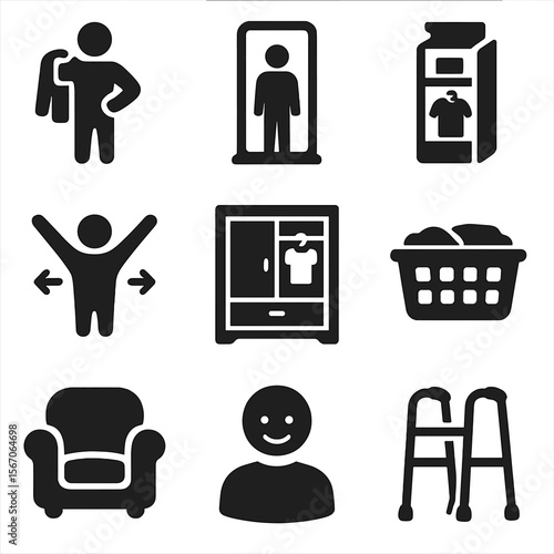 Adaptive Apparel Icons. Solid, filled icons set of daily life with adaptive apparel: getting dressed icon,