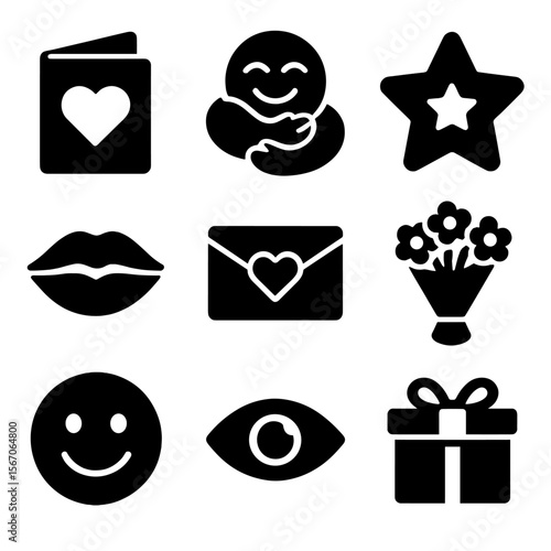 Affection Icons Grid. Solid, filled icons set of affection and appreciation: thank you card, hug emoji,