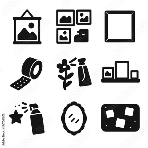 Affordable Wall Art Icons. Solid, filled icons set of affordable wall art ideas: poster print, photo collage,