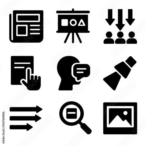 Agenda-Setting Icons Grid. Solid, filled icons set of agenda-setting theory: news headline, media agenda board