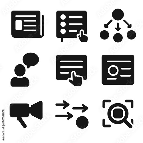 Agenda-Setting Icons Grid. Solid, filled icons set of agenda-setting theory: news headline, media agenda board