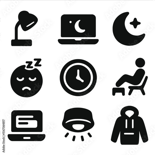 After-Hours Icons Set. Solid, filled icons set of after-hours laptop use: night lamp, dimmed screen, dark mode