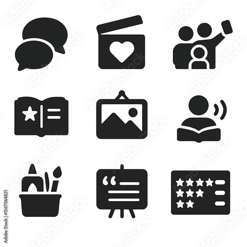 After-Movie Activity Icons. Solid, filled icons set of after-movie bonding activities: discussion bubble,