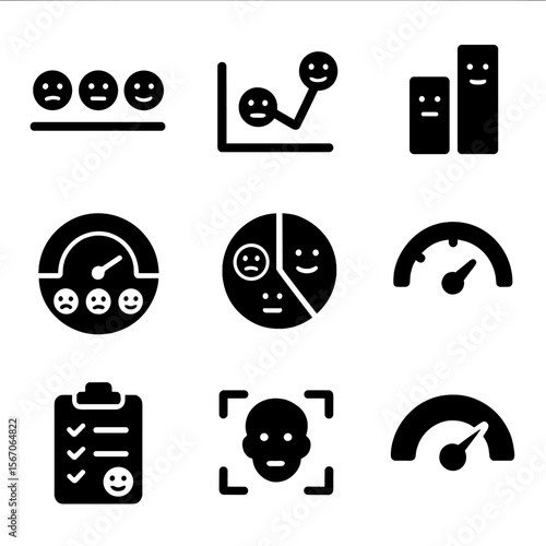 Audience Sentiment Icons. Solid, filled icon set of audience sentiment tracking: smiley scale, sentiment graph, emoji bar, mood