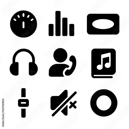 Audio Production Icons. Solid, filled icon set of live audio production: EQ dial, real-time levels, on-air indicator, monitoring