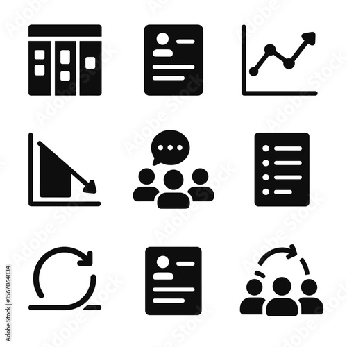 Agile Workflow Icons. Solid, filled icons set of agile team workflows: sprint board, scrum card, velocity