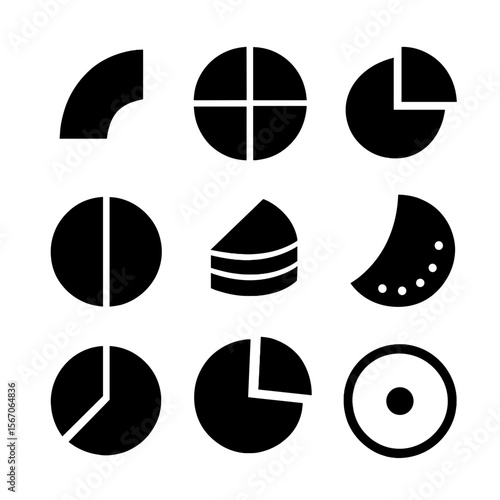 Abstract Pie Icons. Solid, filled icon set of abstract pie shapes: curved slice, segmented circle, wedge piece, circle division,