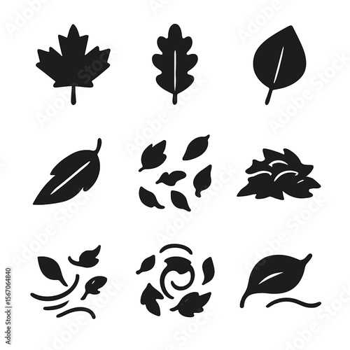 Autumn Leaf Icons. Solid, filled icon set of fallen autumn leaves: maple leaf, oak leaf, birch leaf, curled leaf, dry leaf,