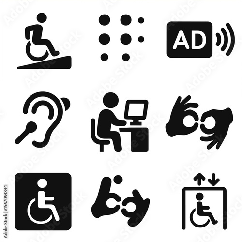 Accessibility Icon Set. Solid, filled icon set of accessibility features: wheelchair ramp, braille signage, audio description,