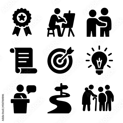 Icons of Aging Gracefully. Solid, filled icons set of aging with dignity and purpose: achievement badge,