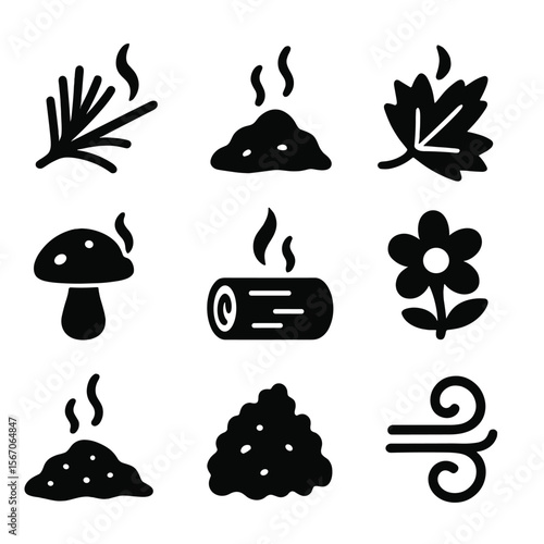 Autumn Forest Icon Grid. Solid, filled icon set of autumn forest scents: pine needle, earth aroma, wet leaf, mushroom scent, wood