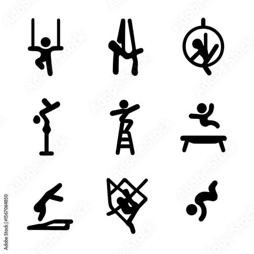 Acrobatics Icons Grid. Solid, filled icon set of acrobatics and aerial acts: trapeze swing, silks, hoop aerialist, balance pole,