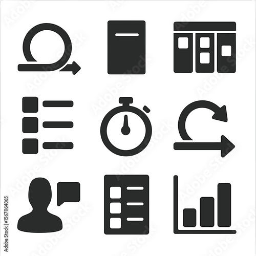 Agile Workflow Icons. Solid, filled icons set of agile workflow and sprints: sprint cycle, kanban card, scrum