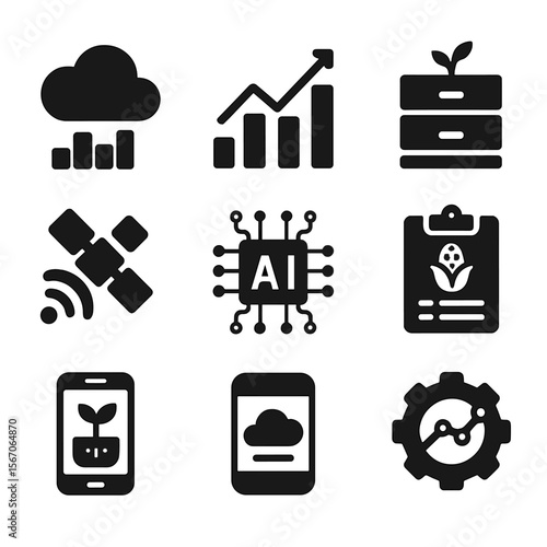 Agri-Data Icon Set. Solid, filled icons set of agri-data and analytics: data cloud, bar chart, farm database,