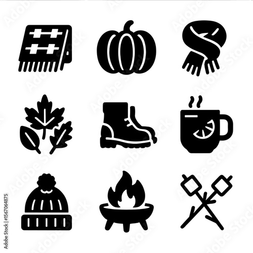 Autumn Cosiness Icons. Solid, filled icon set of autumn coziness: tartan blanket, pumpkin, warm scarf, autumn leaves, boots, hot