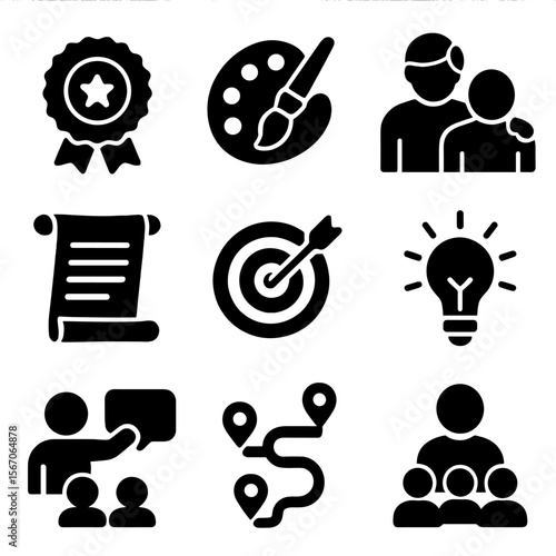 Icons of Aging Gracefully. Solid, filled icons set of aging with dignity and purpose: achievement badge,