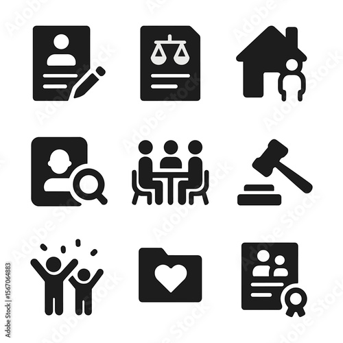 Adoption Process Icons. Solid, filled icon set of adoption process steps: parent application, legal document, home visit, matching