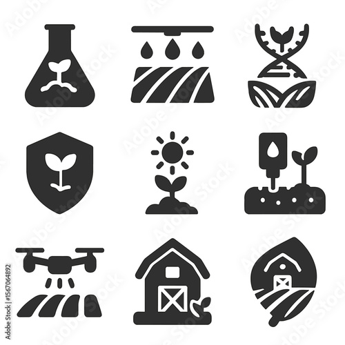 Agricultural Biotech Icons. Solid, filled icons set of agricultural biotechnology: seedling in flask,