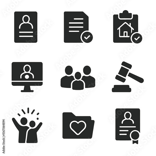 Adoption Process Icons. Solid, filled icon set of adoption process steps: parent application, legal document, home visit, matching