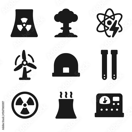 Atomic Energy Icons. Solid, filled icon set of atomic energy: nuclear plant, energy release, atom lightning, turbine icon,
