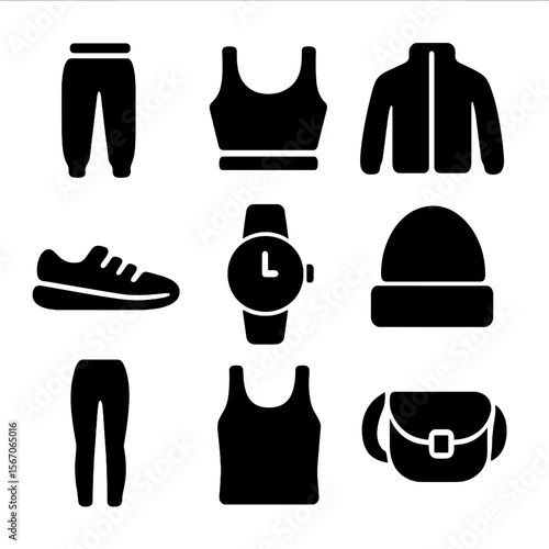 Athleisure Outfits Icons. Solid, filled icon set of casual athleisure outfits: joggers, crop top, zip-up jacket, sneakers, sports