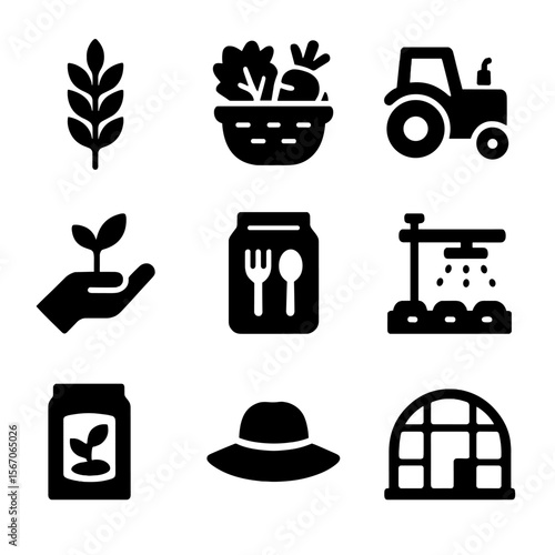 Agriculture Aid Icons. Solid, filled icon set of Food security and agriculture aid: wheat stalk, basket of vegetables, tractor,