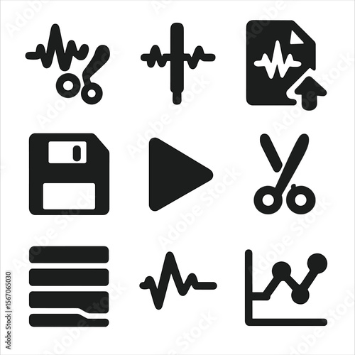 Audio Editing Icons. Solid, filled icon set of voice recording and editing: waveform cut tool, timeline cursor, export file, save