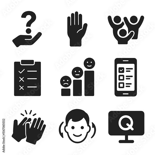 Audience Interaction Icons. Solid, filled icon set of audience interaction: question mark hand, raised hand, crowd wave, feedback