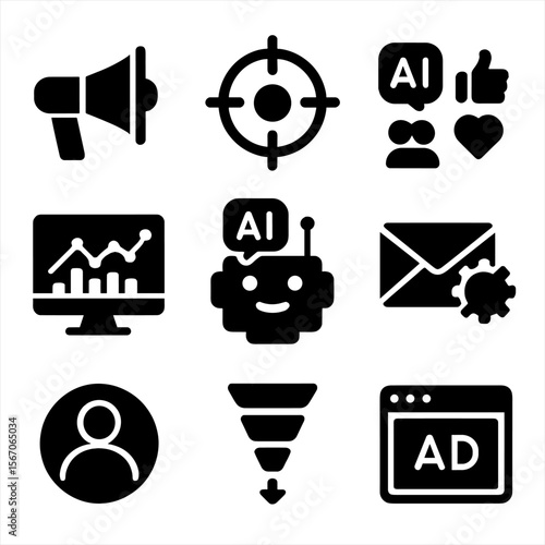 AI Marketing Icon Set. Solid, filled icon set of AI-powered marketing: megaphone, targeting icon, social media, analytics