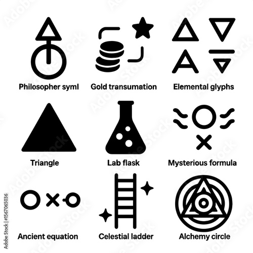 Alchemical Icons Set. Solid, filled icons set of alchemical and esoteric manuscripts: philosopher’s symbol,