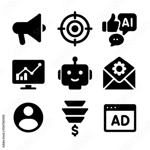 AI Marketing Icon Set. Solid, filled icon set of AI-powered marketing: megaphone, targeting icon, social media, analytics