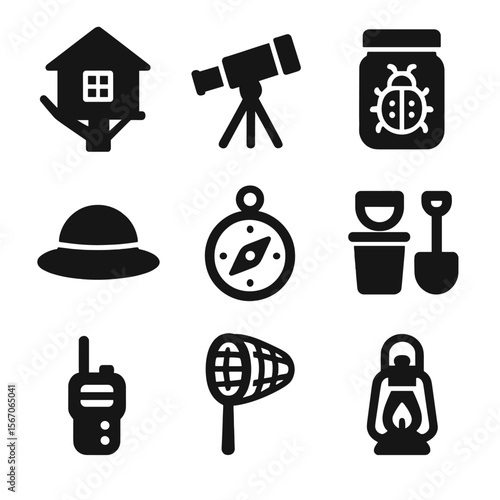 Backyard Adventure Icons. Solid, filled icon set of backyard adventure toys: treehouse, telescope, bug catcher, explorer hat,