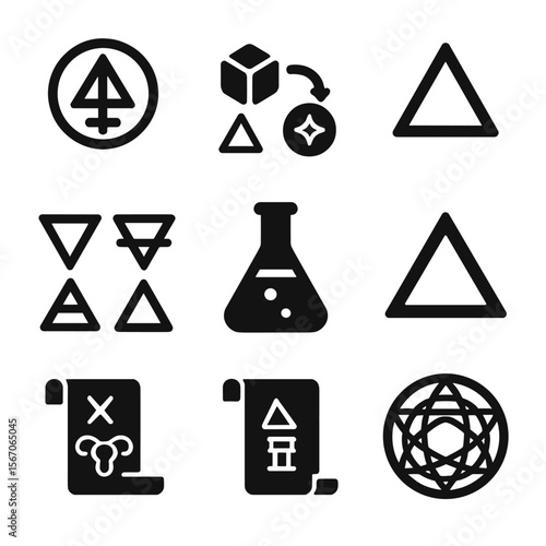 Alchemical Icons Set. Solid, filled icons set of alchemical and esoteric manuscripts: philosopher’s symbol,