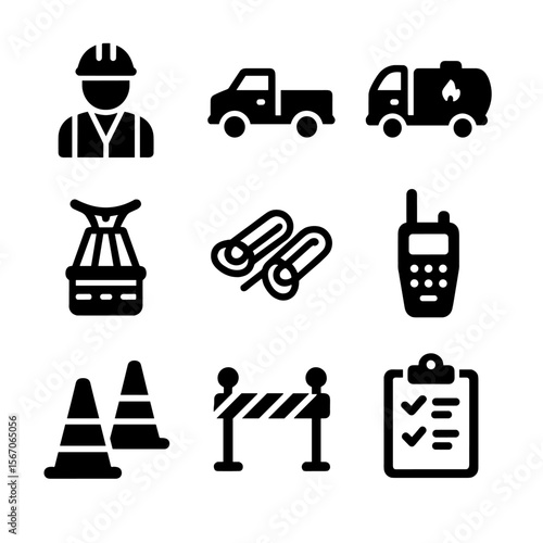 Air Balloon Crew Icons. Solid, filled icon set of air balloon ground crew: crew member, vehicle, fuel truck, setup equipment,