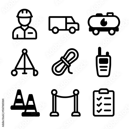 Air Balloon Crew Icons. Solid, filled icon set of air balloon ground crew: crew member, vehicle, fuel truck, setup equipment,