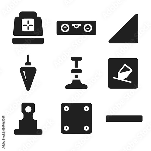 Alignment Tools Icons. Solid, filled icons set of alignment and leveling devices: laser alignment tool, bubble