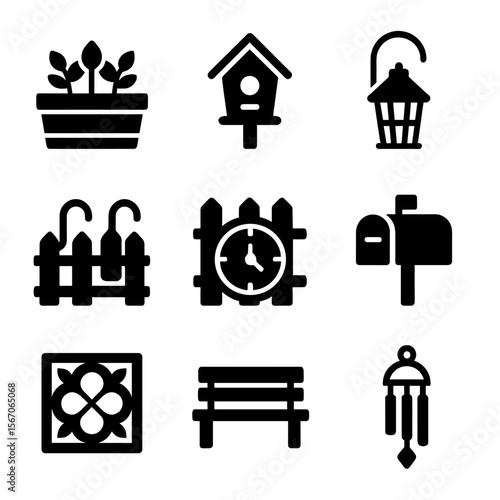 Backyard Fence Icons. Solid, filled icon set of backyard wooden fence accessories: planter box, birdhouse, hanging lantern, fence