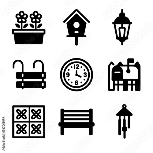Backyard Fence Icons. Solid, filled icon set of backyard wooden fence accessories: planter box, birdhouse, hanging lantern, fence