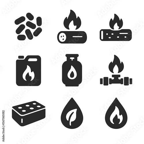 Alternative Fireplace Fuels. Solid, filled icons set of alternative fireplace fuels: wood pellet, firelog,