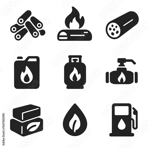 Alternative Fireplace Fuels. Solid, filled icons set of alternative fireplace fuels: wood pellet, firelog,