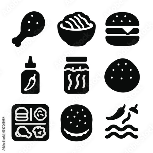 American-Korean Fusion Icons. Solid, filled icons set of American-Korean fusion: fried chicken drum, kimchi