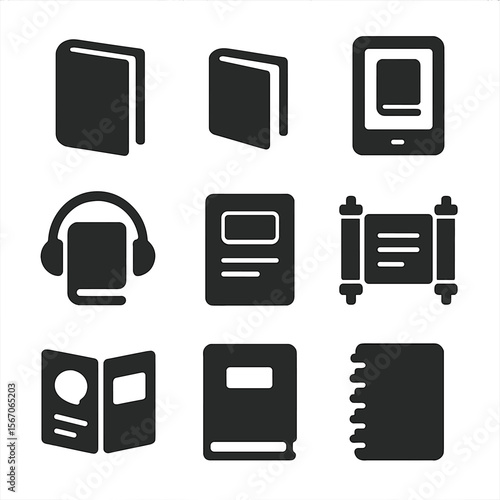 Book Format Icons. Solid, filled icon set of book formats: hardcover, paperback, ebook, audiobook, magazine, scroll, comic book,