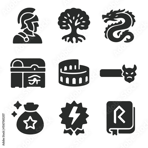 Ancient Myth Game Icons. Solid, filled icons set of ancient myths in digital games: Greek hero avatar, Norse