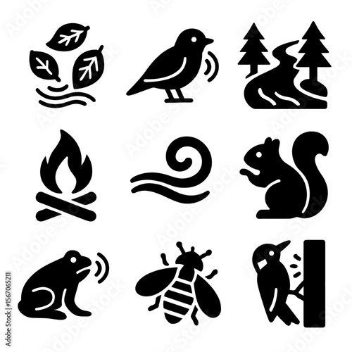 Autumn Forest Sound Icons. Solid, filled icon set of autumn forest sounds: rustling leaves, bird chirp, flowing stream, crackling