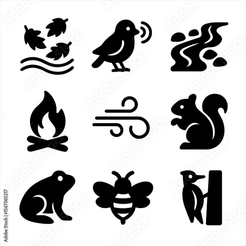 Autumn Forest Sound Icons. Solid, filled icon set of autumn forest sounds: rustling leaves, bird chirp, flowing stream, crackling