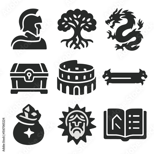 Ancient Myth Game Icons. Solid, filled icons set of ancient myths in digital games: Greek hero avatar, Norse
