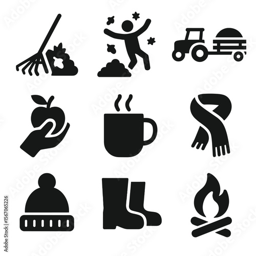 Autumn Icons Grid. Solid, filled icon set of autumn activities: raking leaves, leaf pile jump, hayride, apple picking, hot drink,