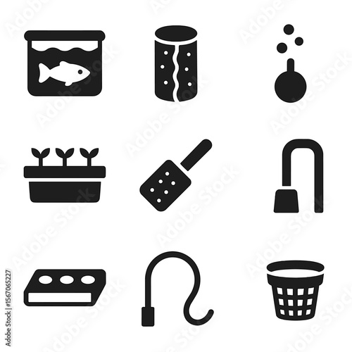 Aquaponics Icons Grid. Solid, filled icon set of aquaponics system: fish tank, water filter, air stone, grow bed, fish food scoop,