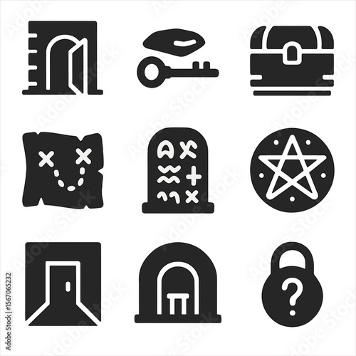 Ancient Secrets Icons. Solid, filled icons set of hidden chambers and ancient secrets: secret doorway, hidden