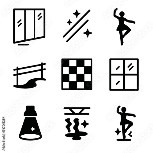 Ballet Reflection Icons. Solid, filled icon set of ballet floor reflections: mirror wall, light reflection, dancer silhouette,